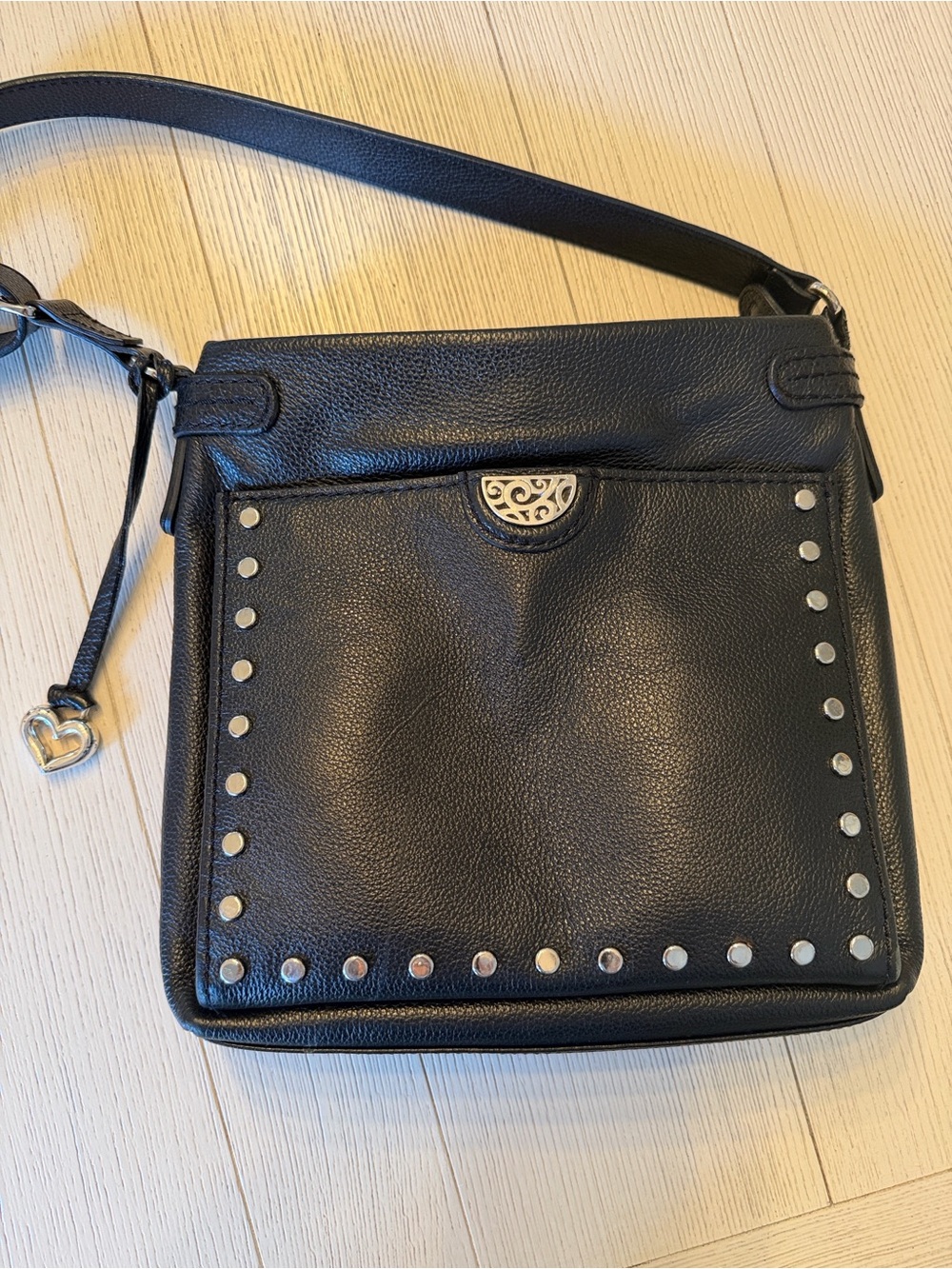 Brighton Black Leather Studded Crossbody Bag with Heart Charm - Picture 3 of 9